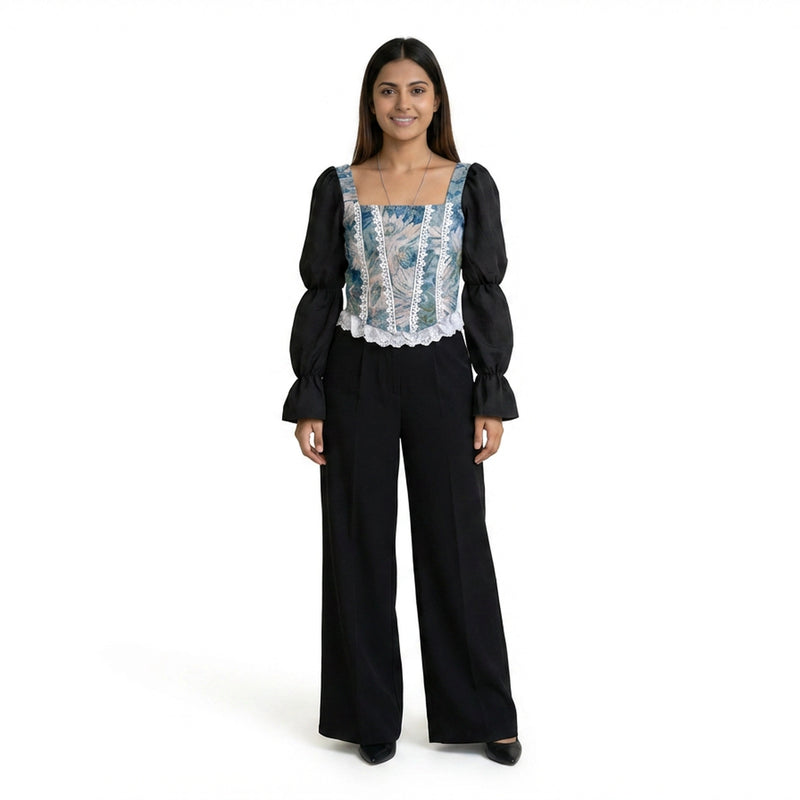 Women’s Printed Corset Top with Sheer Puff Sleeves & Black Wide-Leg Pants – Elegant Party Outfit Set