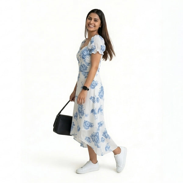 Floral Midi Dress with Puff Sleeves & Sweetheart Neckline – Elegant Summer A-Line Dress for Women