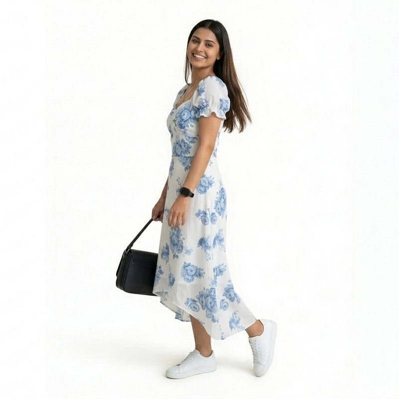 Floral Midi Dress with Puff Sleeves & Sweetheart Neckline – Elegant Summer A-Line Dress for Women