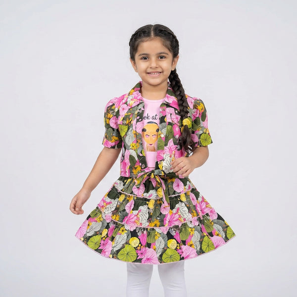 Girl wearing pink ombre checkered co-ord set with ruffle sleeves and wide leg palazzo pants stylish party wear outfit for kids