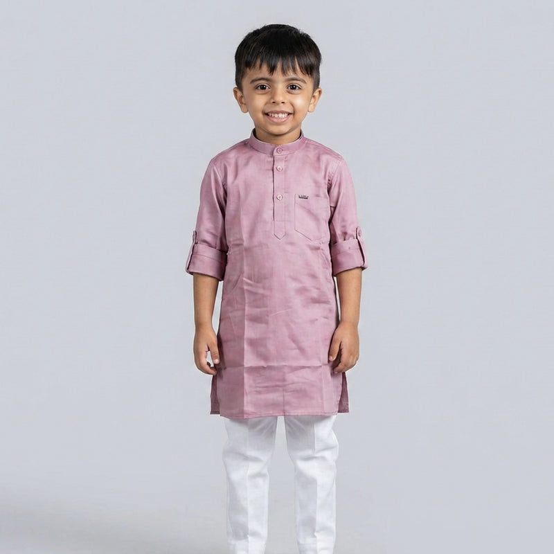 Boys Pink Kurta Set with White Pajama – Classic Festive Ethnic Wear for Kids