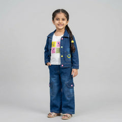 Young girl wearing a denim jacket and pants on a gray background