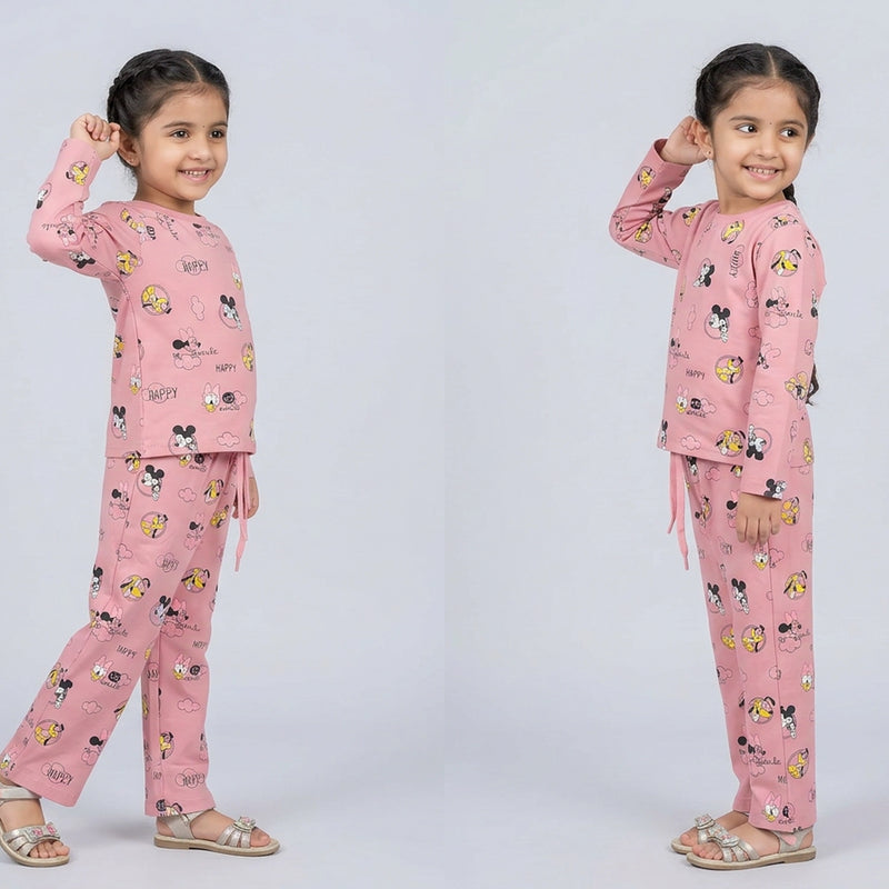 Girls Cartoon Printed Night Suit Set – Soft Full Sleeve Kids Co-Ord Pajama Set