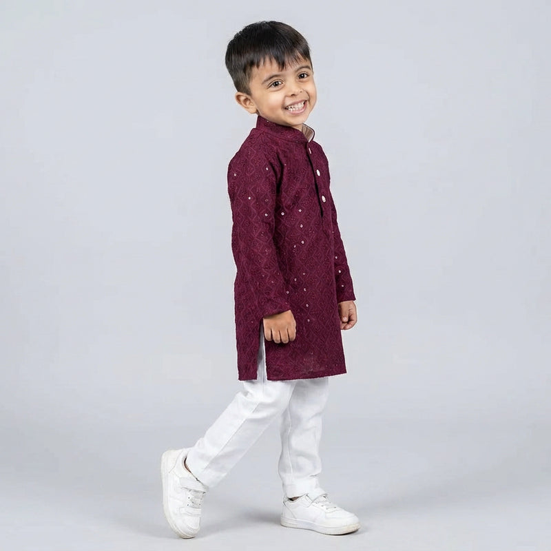 Young boy wearing maroon embroidered kurta with white pajama kids festive ethnic outfit