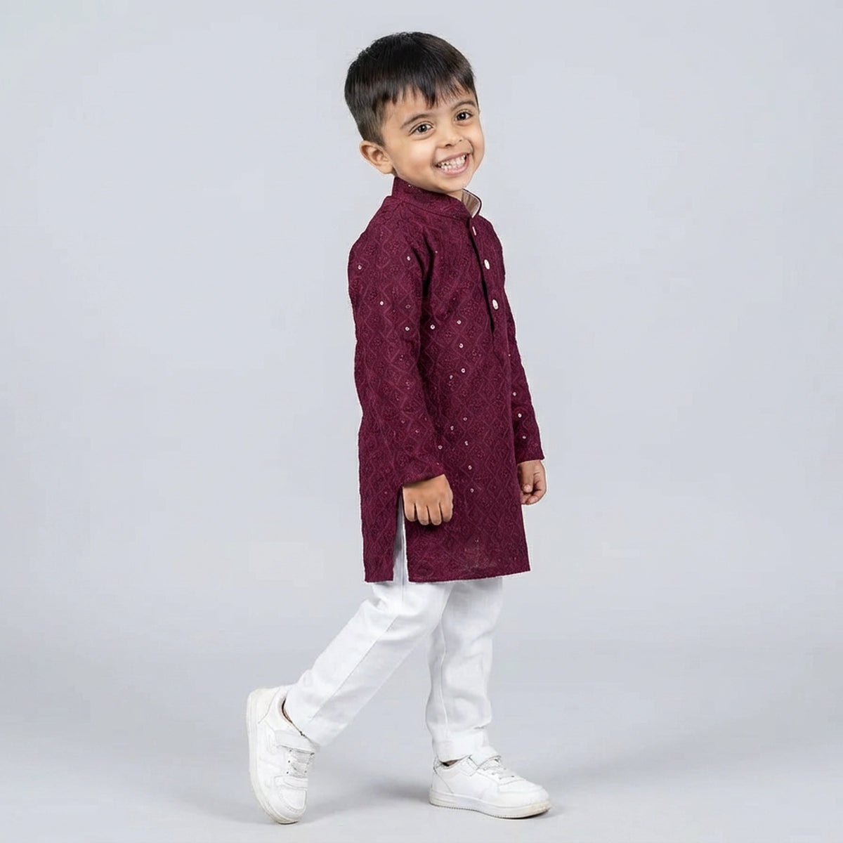 Young boy wearing maroon embroidered kurta with white pajama kids festive ethnic outfit