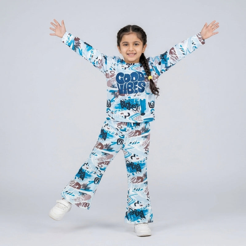 Girls Graphic Printed Co-Ord Set – White & Blue Full Sleeve Kids Lounge Wear Set