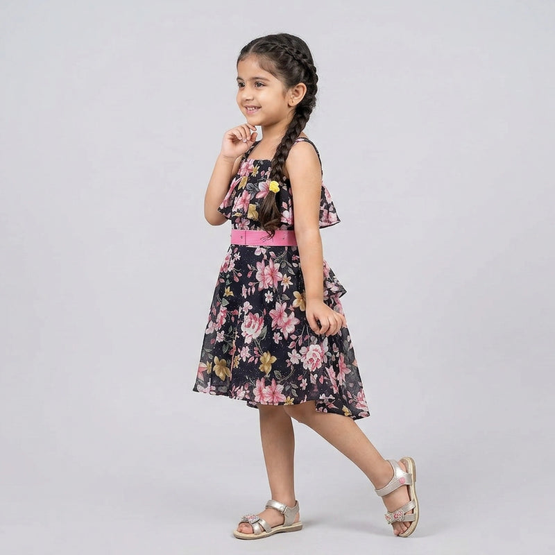 Girl wearing black floral printed halter neck dress with pink waist belt stylish kids party wear dress with flowy skirt