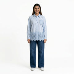 Women’s Lace Hem Cotton Shirt – Embroidered Button-Down Top | White, Blue, Pink, Beige & Black Casual Shirt