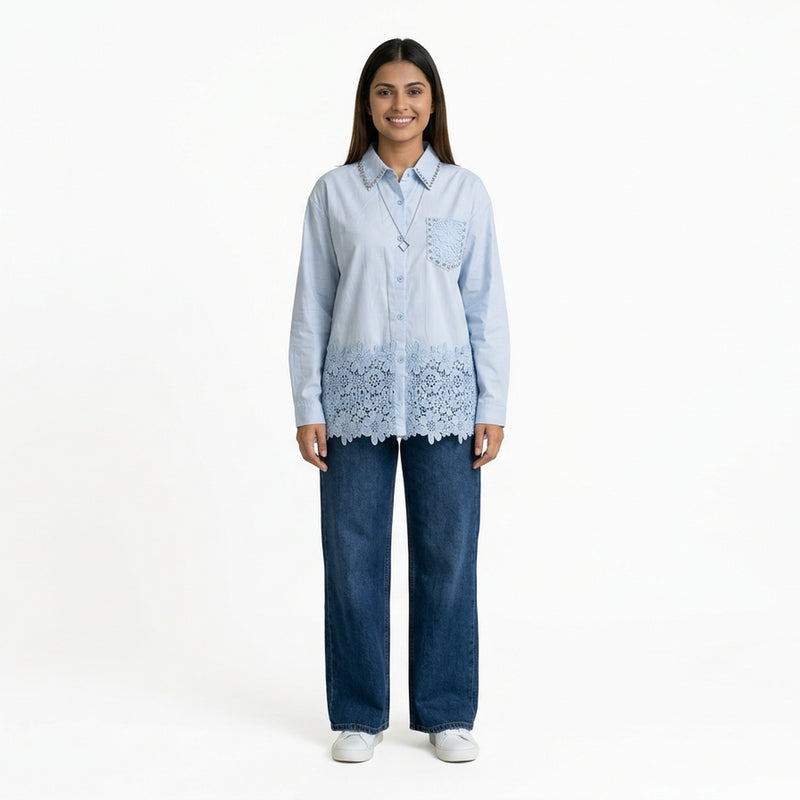 Women’s Lace Hem Cotton Shirt – Embroidered Button-Down Top | White, Blue, Pink, Beige & Black Casual Shirt