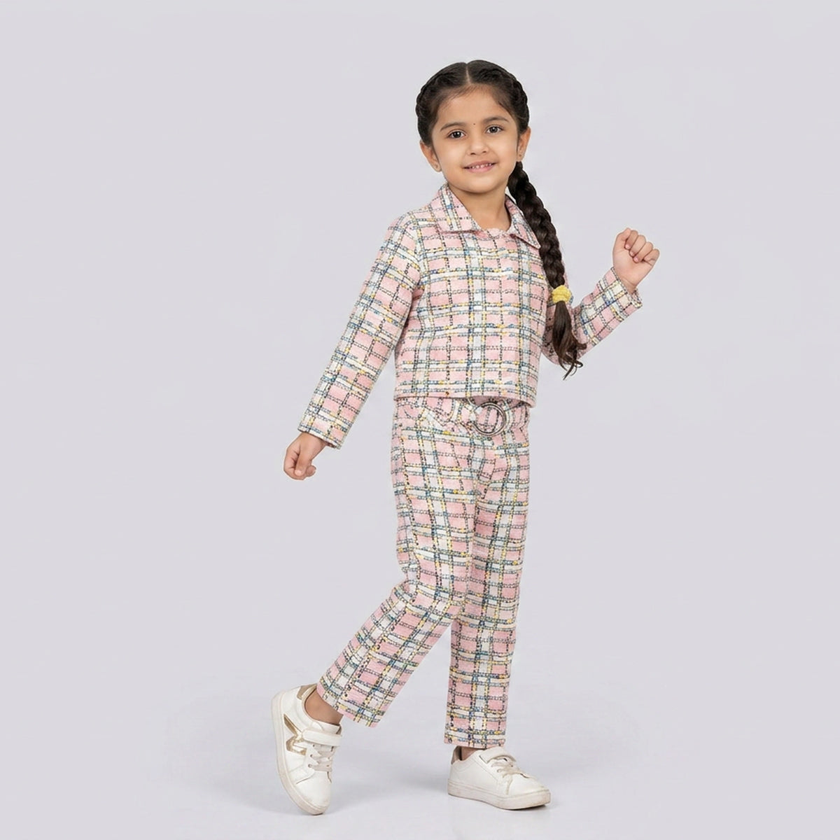 Little girl wearing pink checked co-ord set with cropped shirt and matching straight pants stylish kids outfit
