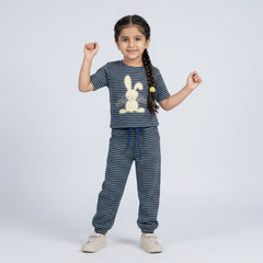 Girls Striped Co-Ord Set – Cute Bunny Print Cotton Top & Jogger Pants for Kids