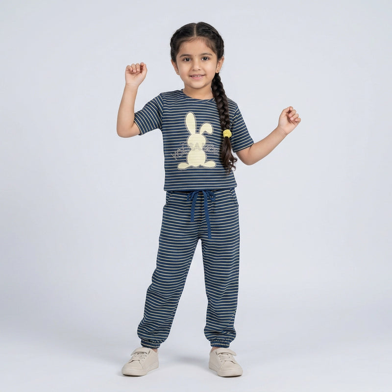 Girls Striped Co-Ord Set – Cute Bunny Print Cotton Top & Jogger Pants for Kids
