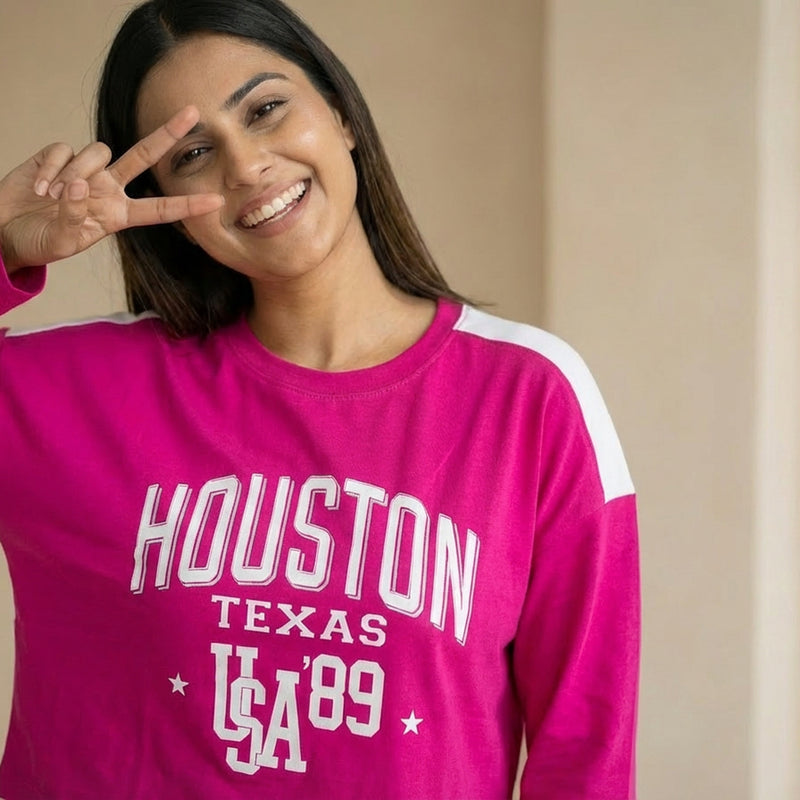 Women’s “Houston Texas” Printed Full Sleeve Cotton T-Shirt