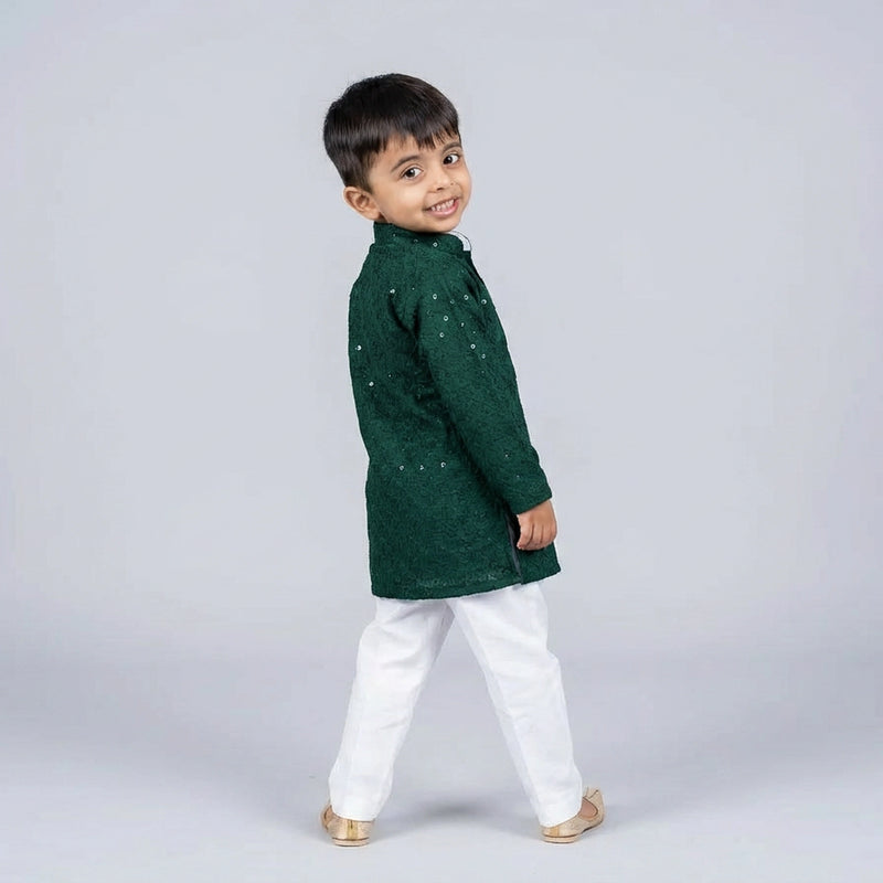 Boys Green Embroidered Kurta Set with White Pajama – Festive Ethnic Wear for Kids KD-B-ETH-10003