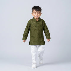 Boys Olive Green Embroidered Kurta Set with White Pajama – Festive Ethnic Wear for Kids