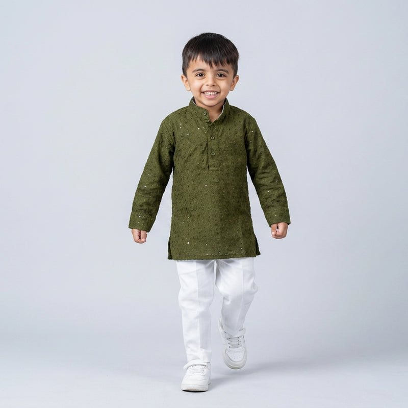 Boys Olive Green Embroidered Kurta Set with White Pajama – Festive Ethnic Wear for Kids