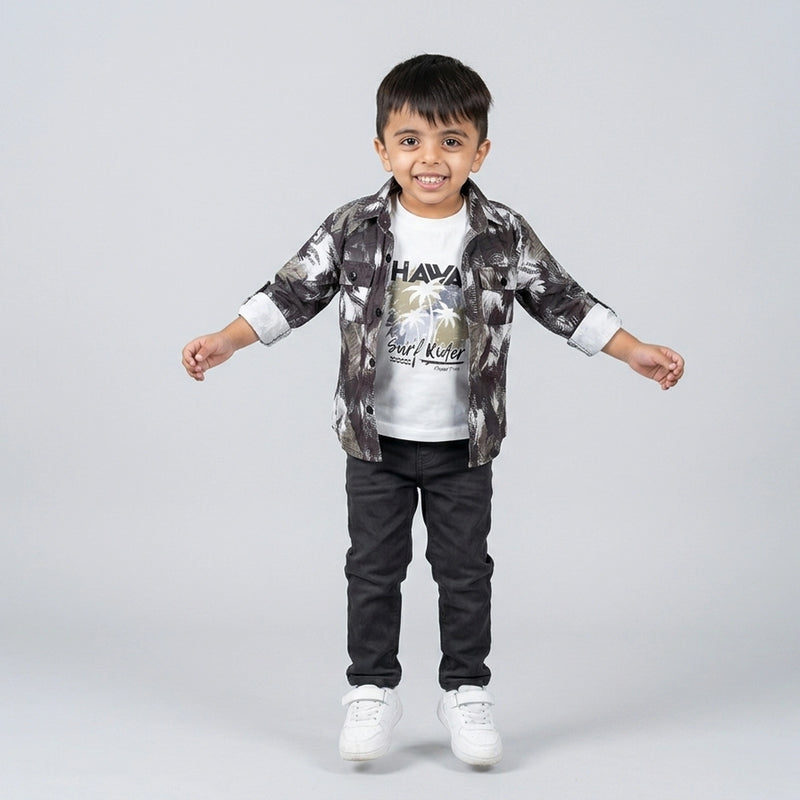 Boys Abstract Printed Shirt with Black Jeans – Stylish Smart Casual Kids Outfit