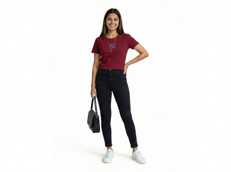 Women's Slim Fit Crop T-Shirt with Smiley Embroidery