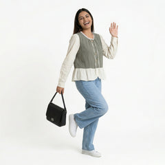 Polka Dot Button-Front Peplum Top with Contrast Sleeves