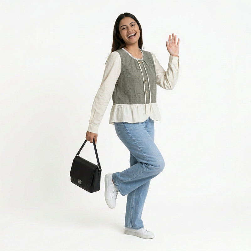 Polka Dot Button-Front Peplum Top with Contrast Sleeves