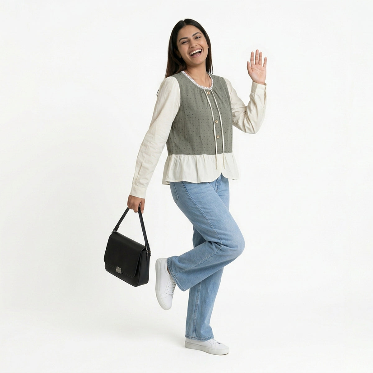 Polka Dot Button-Front Peplum Top with Contrast Sleeves - image 2