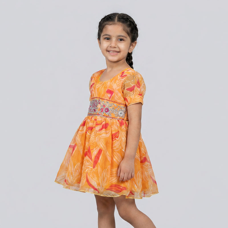 Girls orange Printed dress – Stylish Summer Casual dress Outfit for Kids