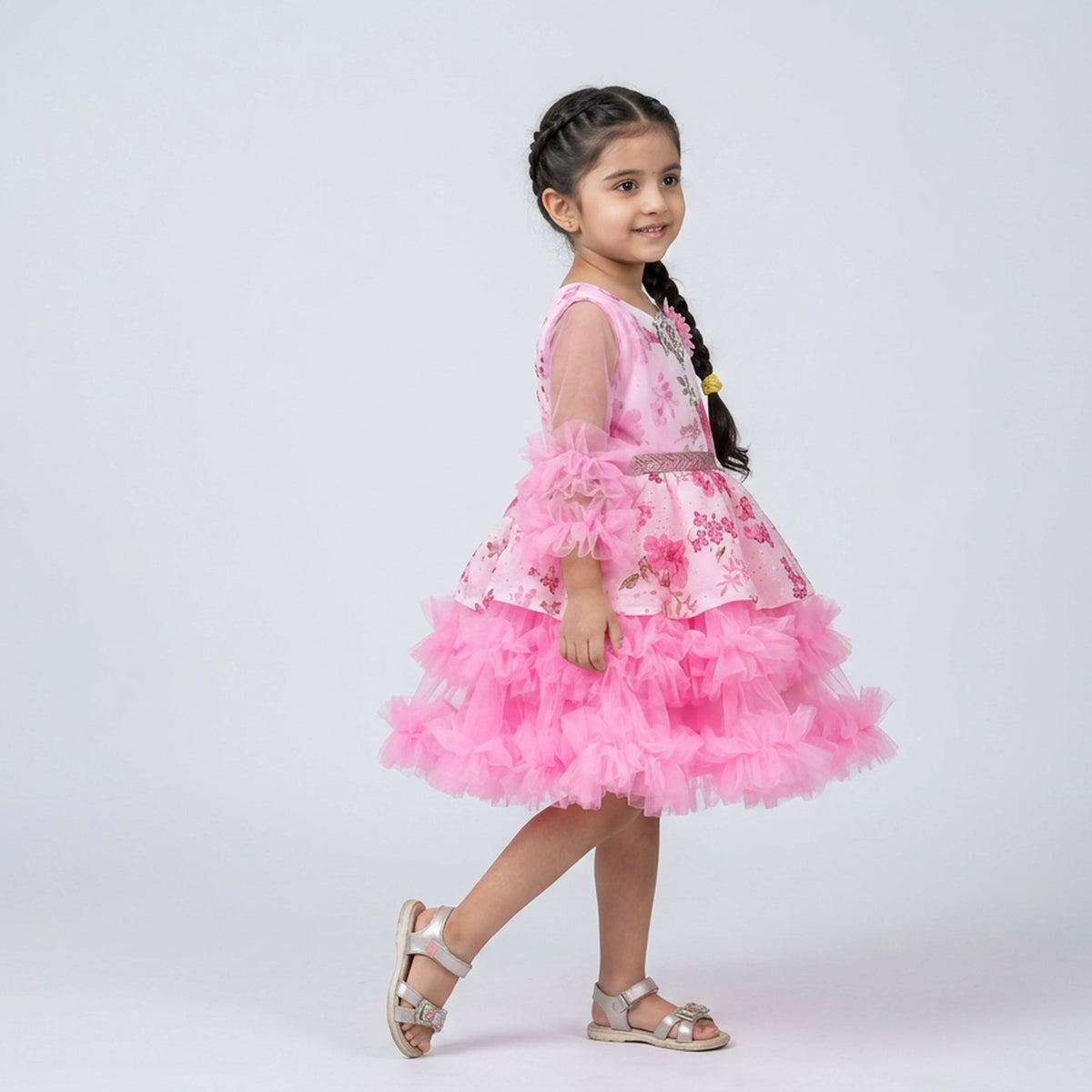 Girls Printed Ruffle Tulle Party Dress with Sheer Sleeves