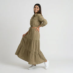 Women’s Pleated Maxi Dress with Crop Shirt Top – Elegant Long Sleeve Dress