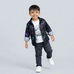 Boys Dark Printed Shirt with Graphic T-Shirt & Grey Jeans – Stylish Kids 3-Piece Casual Outfit Set KD-MV-B-SET-10060