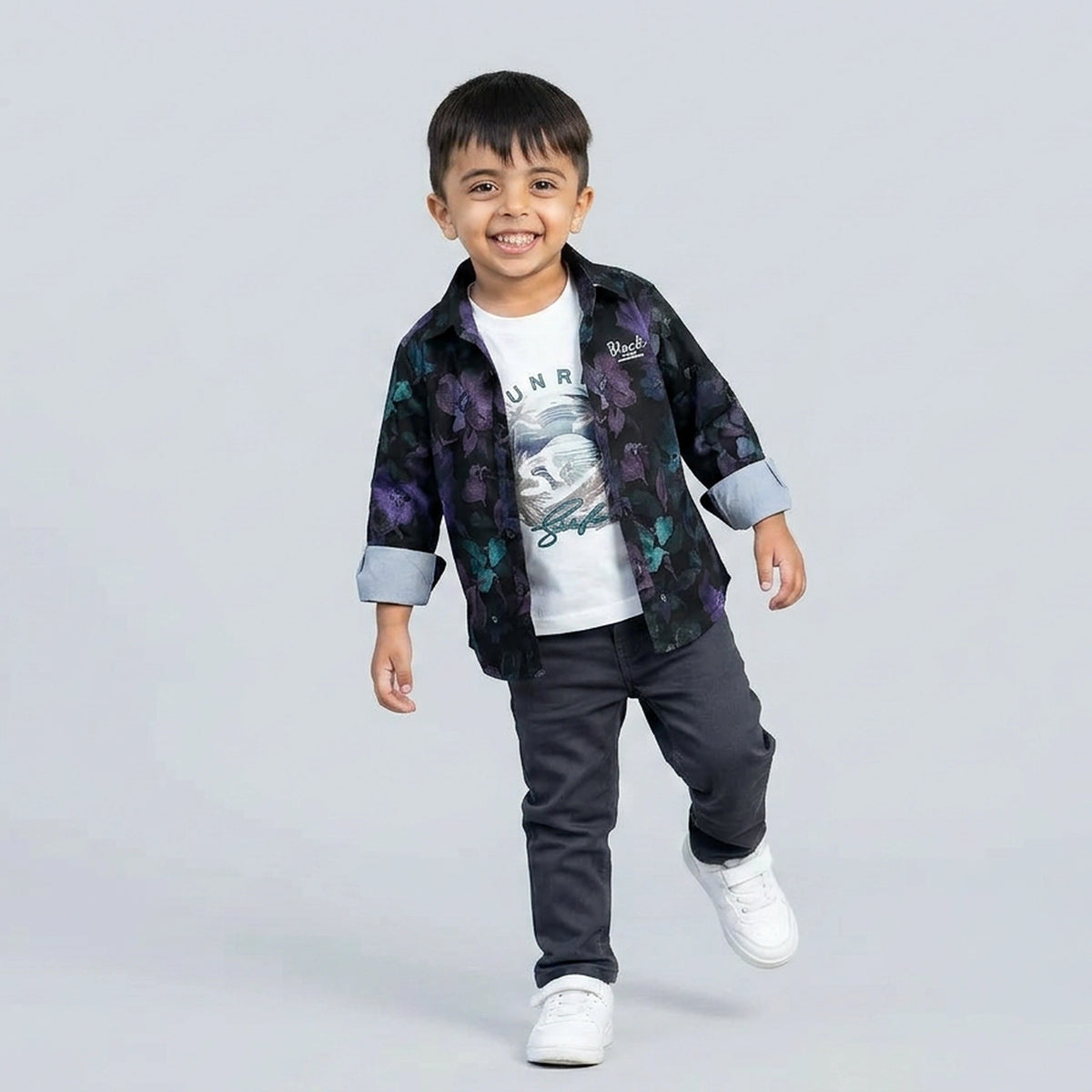 Boys Dark Printed Shirt with Graphic T-Shirt & Grey Jeans – Stylish Kids 3-Piece Casual Outfit Set KD-MV-B-SET-10060 - image 5