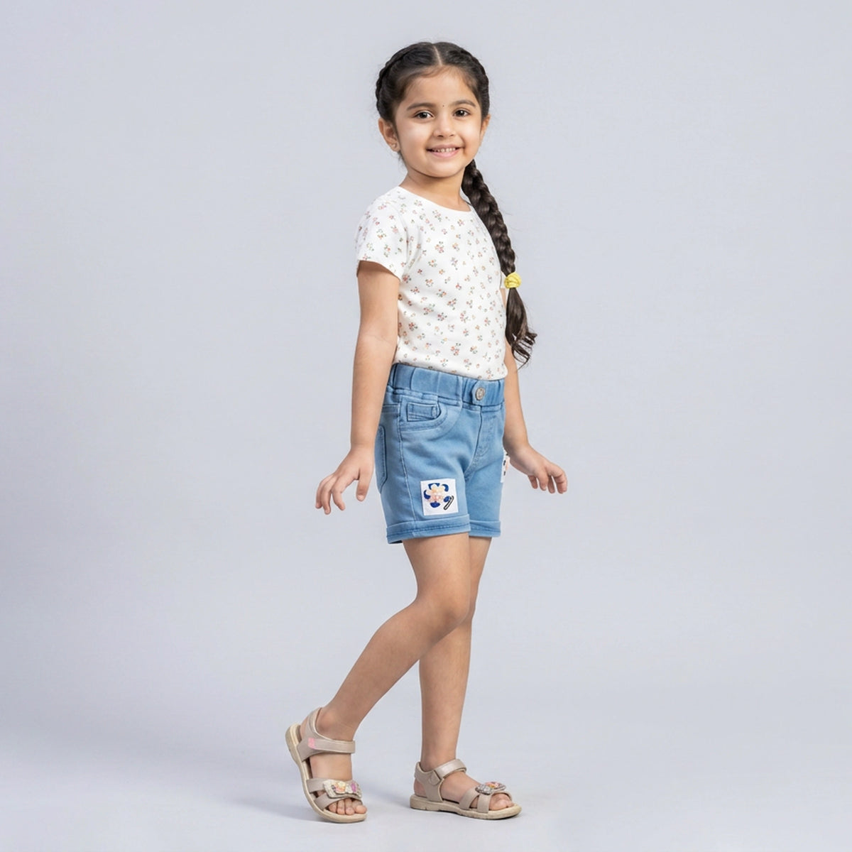 Girls Light Wash Denim Shorts with Floral Patch Detail