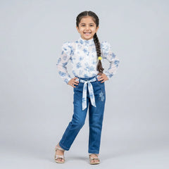 Girls Floral Printed Shirt & Denim Jeans Set – Stylish Kids Casual Outfit with Belt