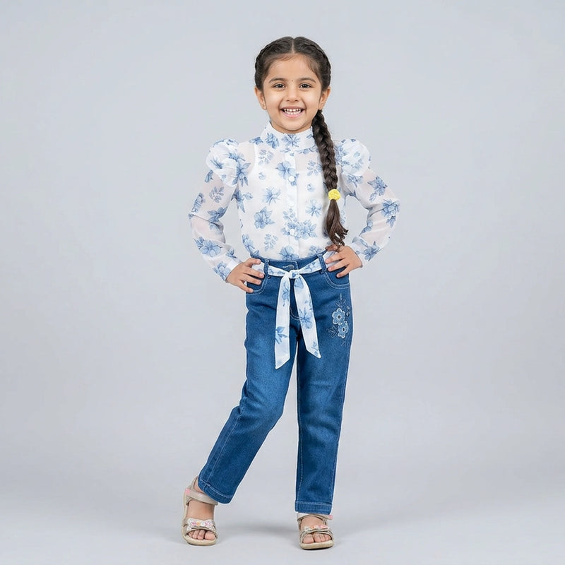 Girls Floral Printed Shirt & Denim Jeans Set – Stylish Kids Casual Outfit with Belt