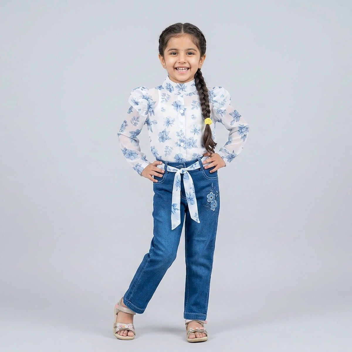 Girls Floral Printed Shirt & Denim Jeans Set – Stylish Kids Casual Outfit with Belt - image 1