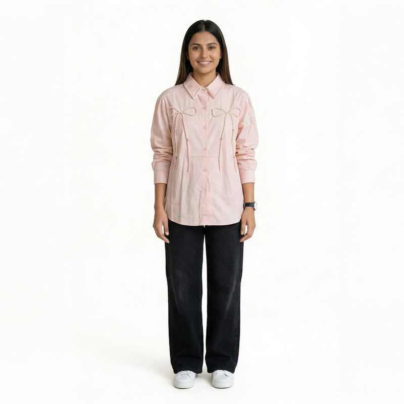 Women’s Embroidered Bow Shirt – Elegant Button-Down Long Sleeve Top | Cute Smart Casual & Office Wear