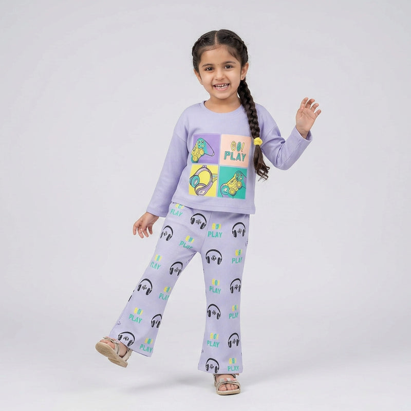 Girls Graphic Co-Ord Set – Cute Printed Sweatshirt & Flared Pants Outfit for Kids