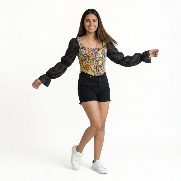 Women’s Floral Corset Top with Sheer Puff Sleeves – Trendy Summer Outfit Set