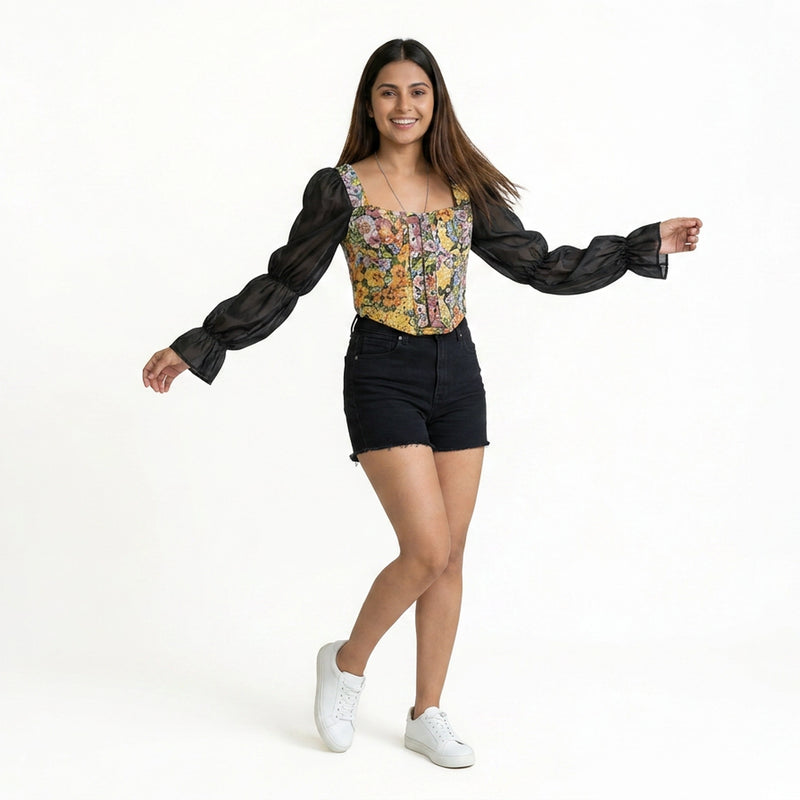 Women’s Floral Corset Top with Sheer Puff Sleeves – Trendy Summer Outfit Set
