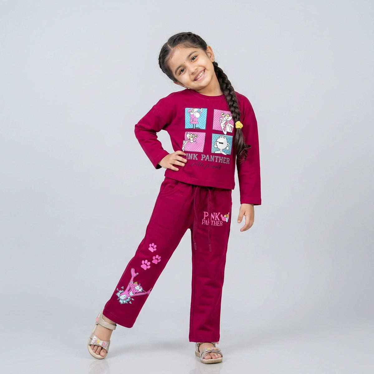 Girls Panther Co-Ord Set – Maroon Cartoon Printed Sweatshirt & Wide Leg Pants for Kids - image 1