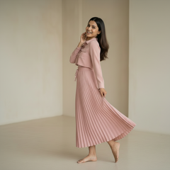 Women’s Pleated Maxi Dress with Crop Shirt Top – Elegant Long Sleeve Dress