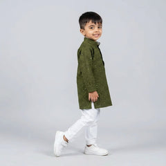 Boys Olive Green Embroidered Kurta Set with White Pajama – Festive Ethnic Wear for Kids