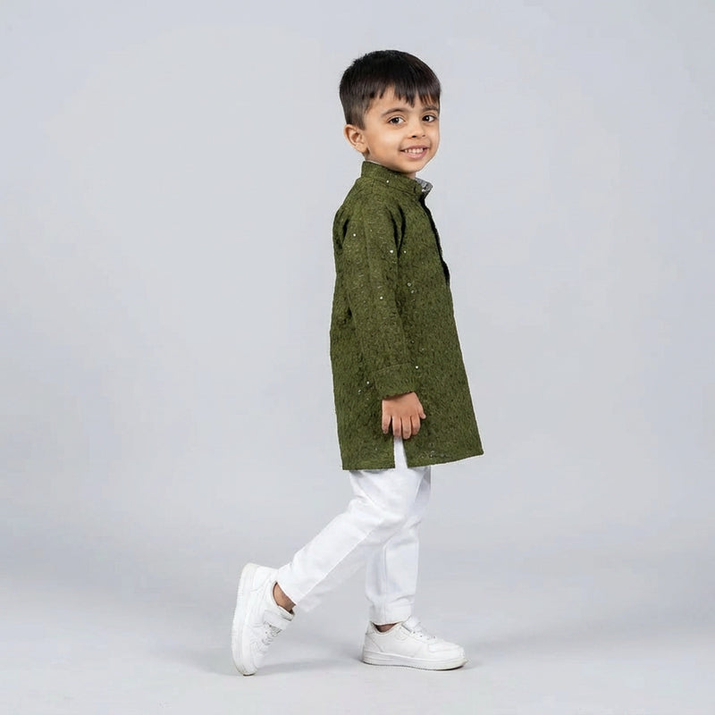 Boys Olive Green Embroidered Kurta Set with White Pajama – Festive Ethnic Wear for Kids