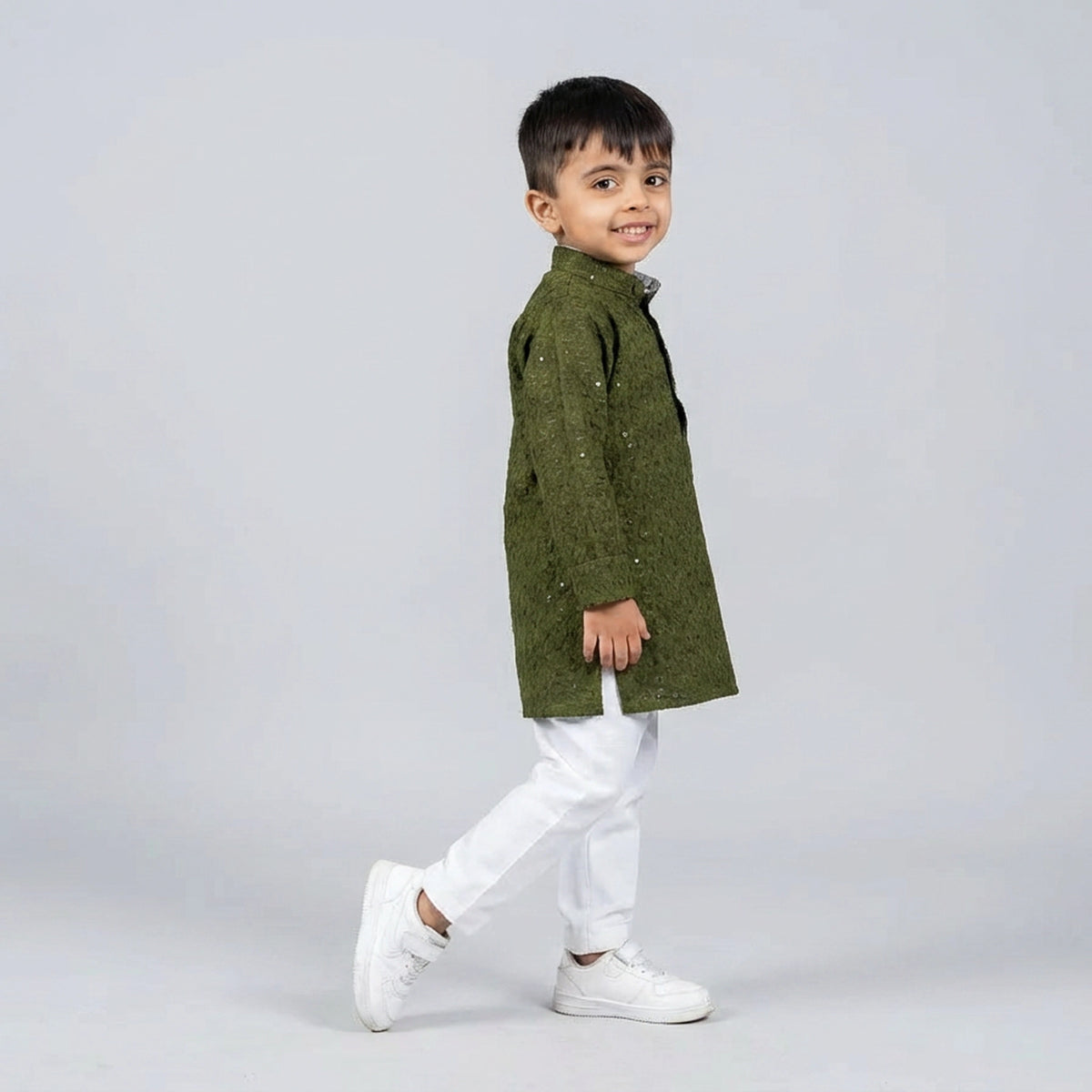 Boys Olive Green Embroidered Kurta Set with White Pajama – Festive Ethnic Wear for Kids - image 3