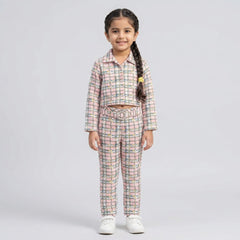 Girls Pink Checked Co-Ord Set – Stylish Crop Shirt & Straight Pants Outfit for Kids