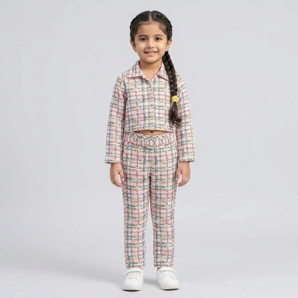 Girls Pink Checked Co-Ord Set – Stylish Crop Shirt & Straight Pants Outfit for Kids