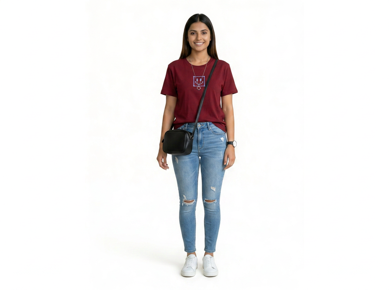 Women's Slim Fit Crop T-Shirt with Smiley Embroidery