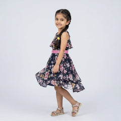 Girls Black Floral Printed Halter Neck Dress with Pink Belt – Stylish Party Wear Dress for Kids