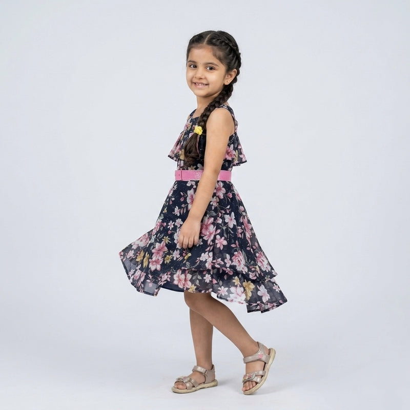 Girls Black Floral Printed Halter Neck Dress with Pink Belt – Stylish Party Wear Dress for Kids