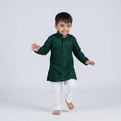Boys Green Embroidered Kurta Set with White Pajama – Festive Ethnic Wear for Kids KD-B-ETH-10003