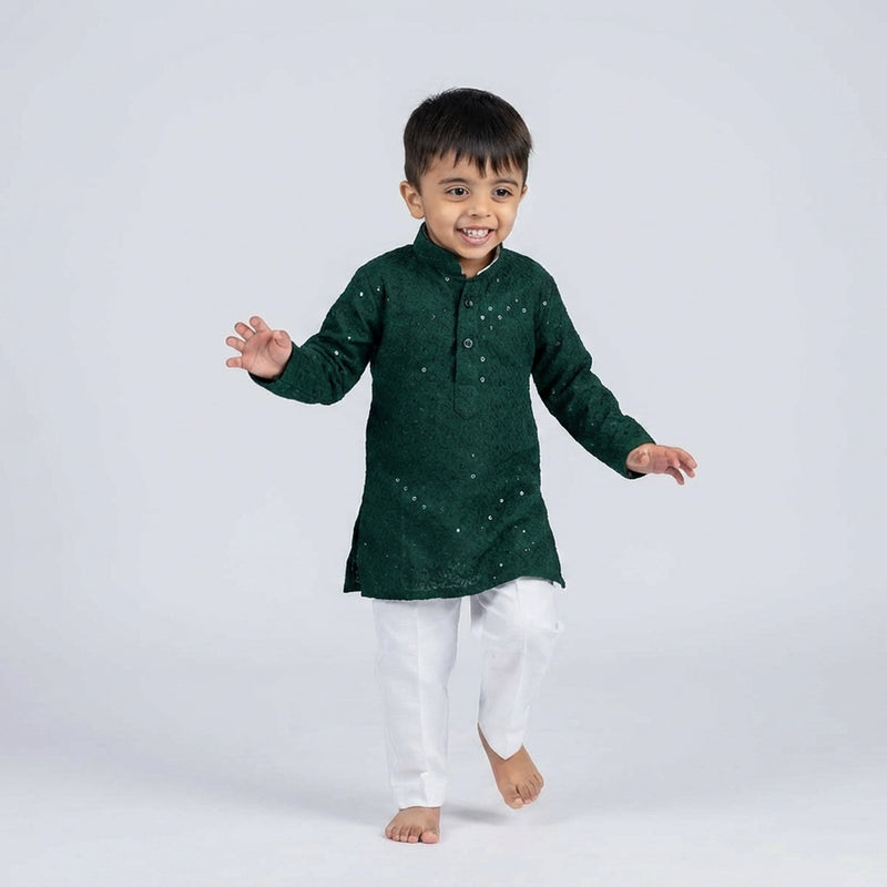 Boys Green Embroidered Kurta Set with White Pajama – Festive Ethnic Wear for Kids KD-B-ETH-10003